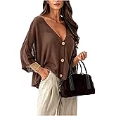 Verdusa Women's Button Up V Neck Lightweight Cardigans Sweaters 3/4 Sleeve Knit Outerwear