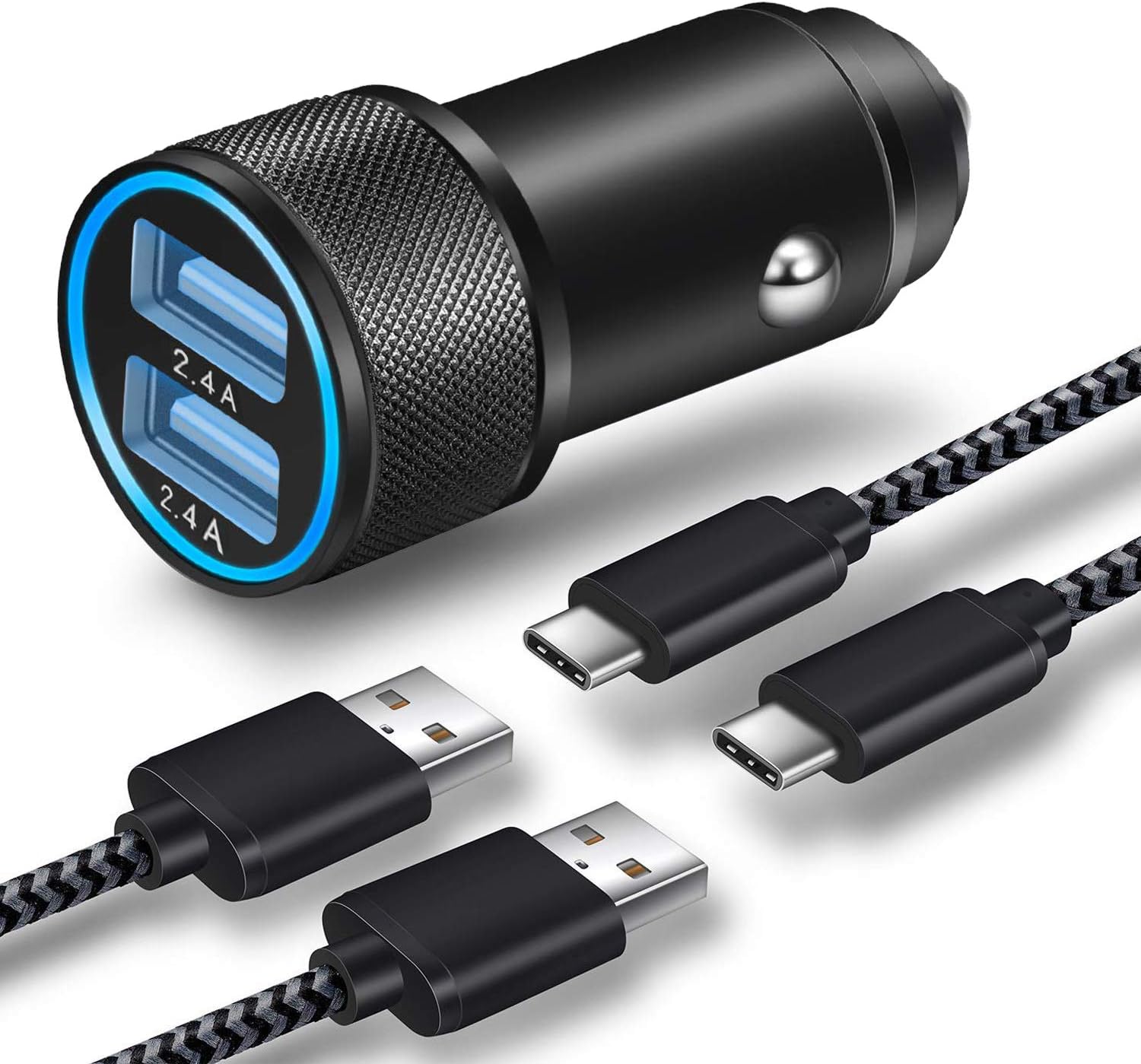 Car Charger, LEEKOTECH 24W 4.8A Dual USB Car Charger Adapter AL-Alloy + 2-Pack 3FT Braided USB Type C Fast Charging Cable Kit Compatible with Samsung Galaxy S10 S10e S9 S8 Plus, LG V40, Pixel -Updated