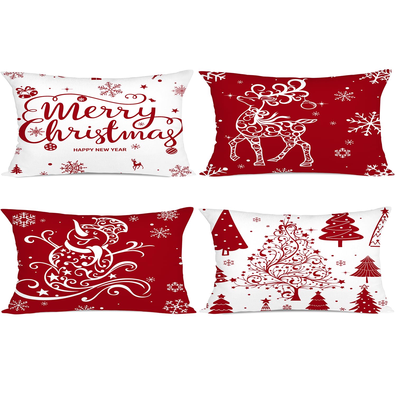 Miaikoe Christmas Cushion Covers 30x50 Set of 4 Christmas Decoration Trees Deer Snowman Merry Christmas Decorative Holiday Farmhouse Pillow Cases for Holiday Christmas Decoration（Red）