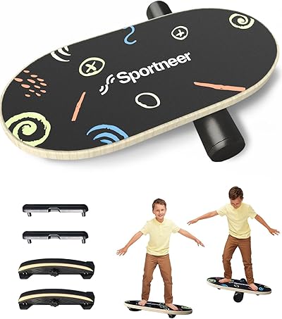 Sportneer Balance Board - Wobble Board mit verstellbaren Stoppern und Rollen - Balancier-Trainer zur Verbesserung des Gleichgewichts, Surf-Trainer und Physiotherapie - kleine Größe speziell für Kinder