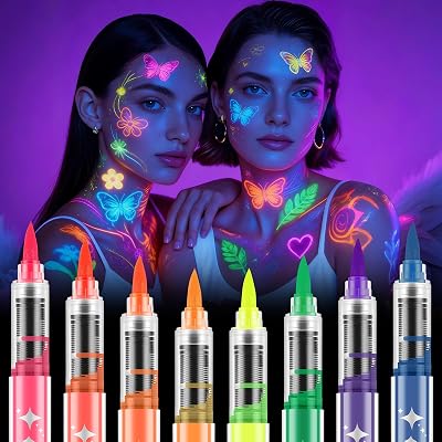 AOOWU Glow in the Dark Face Paint Pens 8 Colors UV Neon Kit