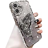 Changjia for iPhone 16 Plus Glitter 3D Butterfly Case,Cute Luxury Bling Sparkly Diamond Rhinestones Liquid Flowing Case with Camera Protector TPU Bumper Women Girls Case for iPhone 16 Plus 6.7",Silver
