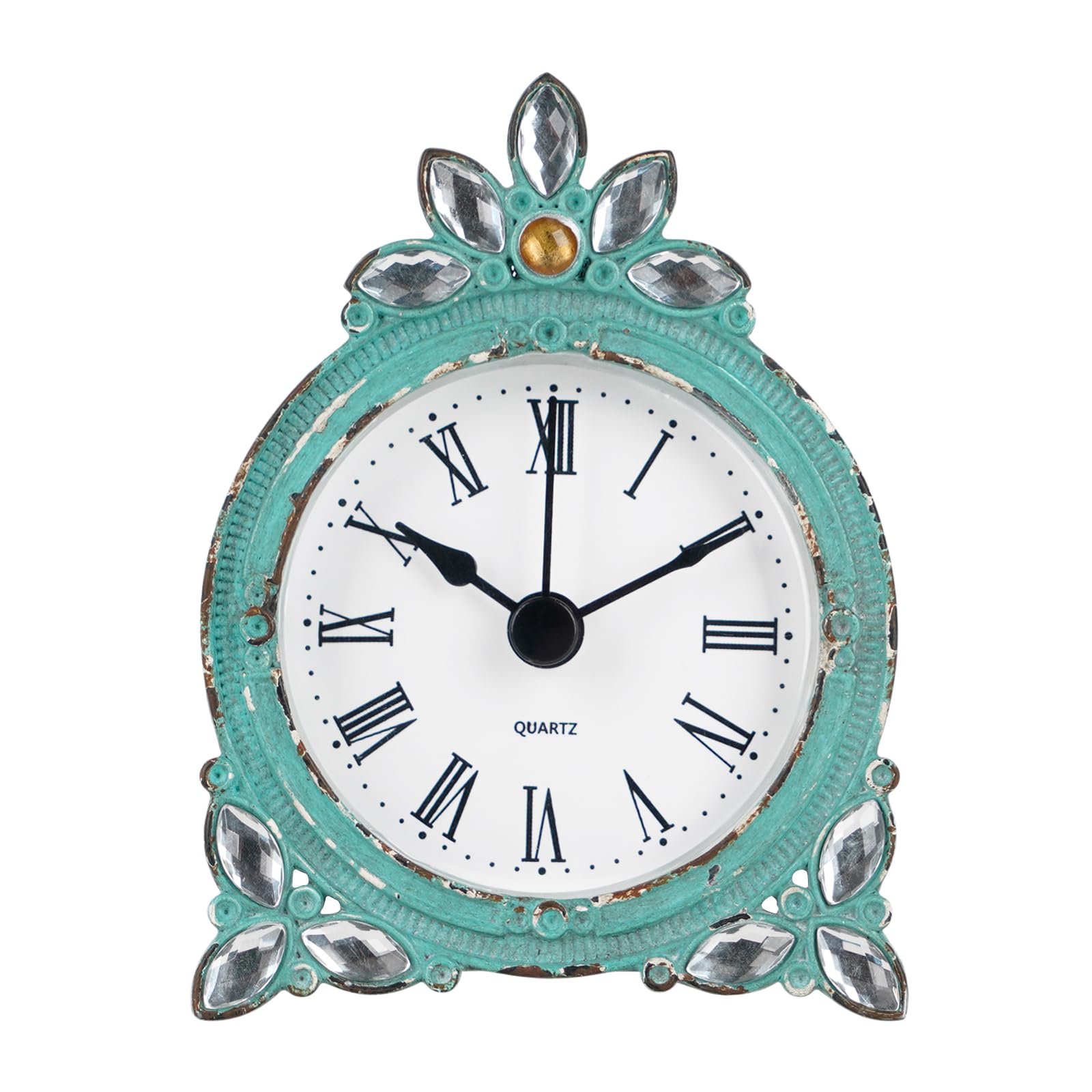 NIKKY HOME Vintage Pewter Small Quartz Table Clock with Crystal Shining Rhinestone 7.2 x 10 x 3.5 CM, Aqua