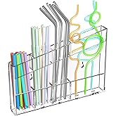 Rulyyo Acrylic Straw Holder for Cabinet - 9.5 Inch Clear Reusable Straw Organizer Dispenser with Ultra Sticky Adhesive Tapes, Slanted Kitchen Accessories Container Cupboard Door Mounted