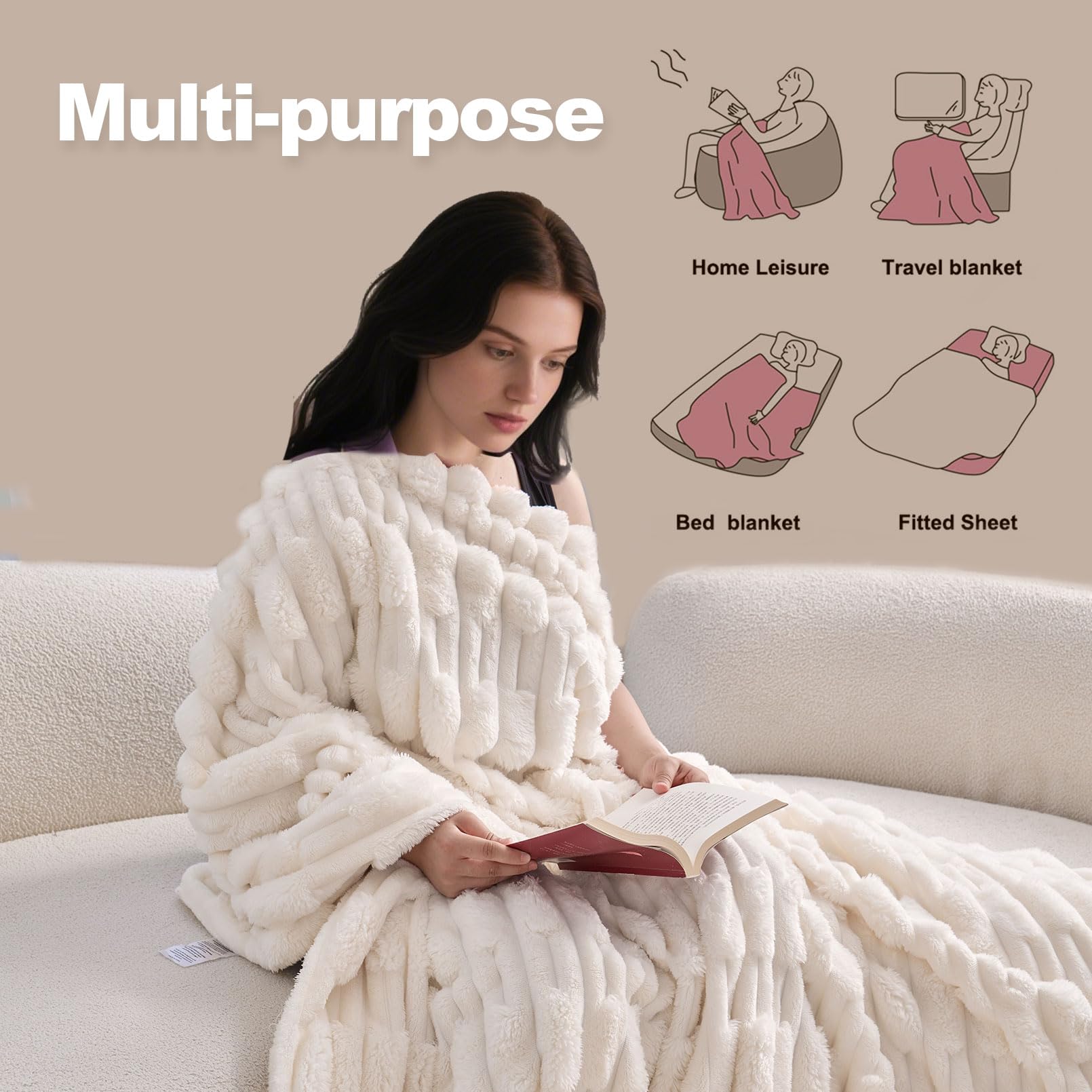 Kuscheldecke Flauschig mit Traumhaft Weiche Textur Extra Warm für Winter, ideal als Sofadecke und Bettüberwurf, Gute Geschenke für Frauen (Beige Geometrie, 200x230cm) 2