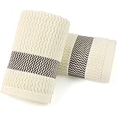 Cleanbear Hand Towels Set of 2, 100% Cotton Soft Absorbent Towels with Wavy Jacquard Border for Bathroom & Kitchen Decor, Cream, 13 x 29 Inches