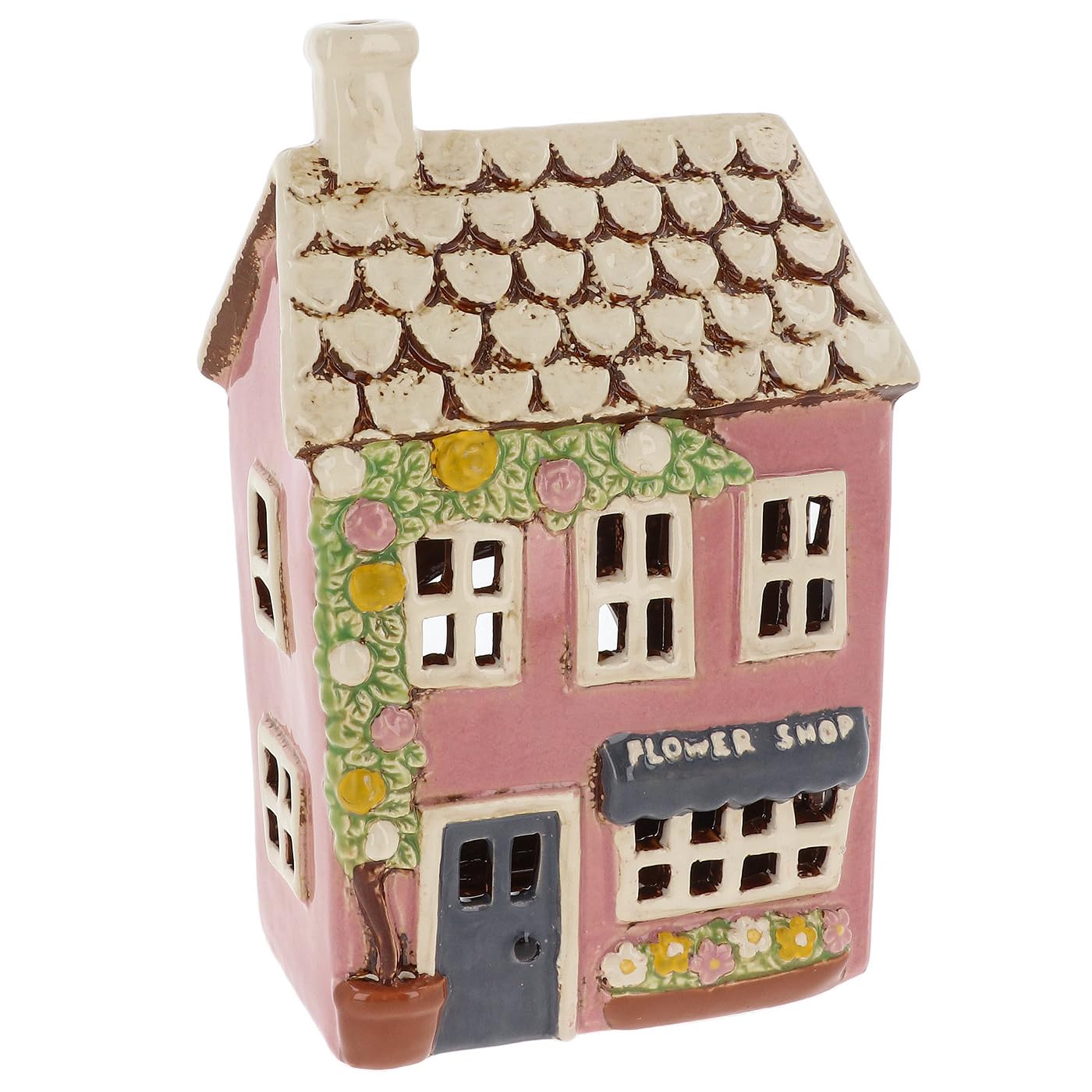 Shudehill Giftware Village Pottery Tealight Holder Ceramic House Shop Collection - Flower Shop, Tearoom, Antique Shop, Old Bakery and Sweet Shop All Hand Painted (Flower Shop)