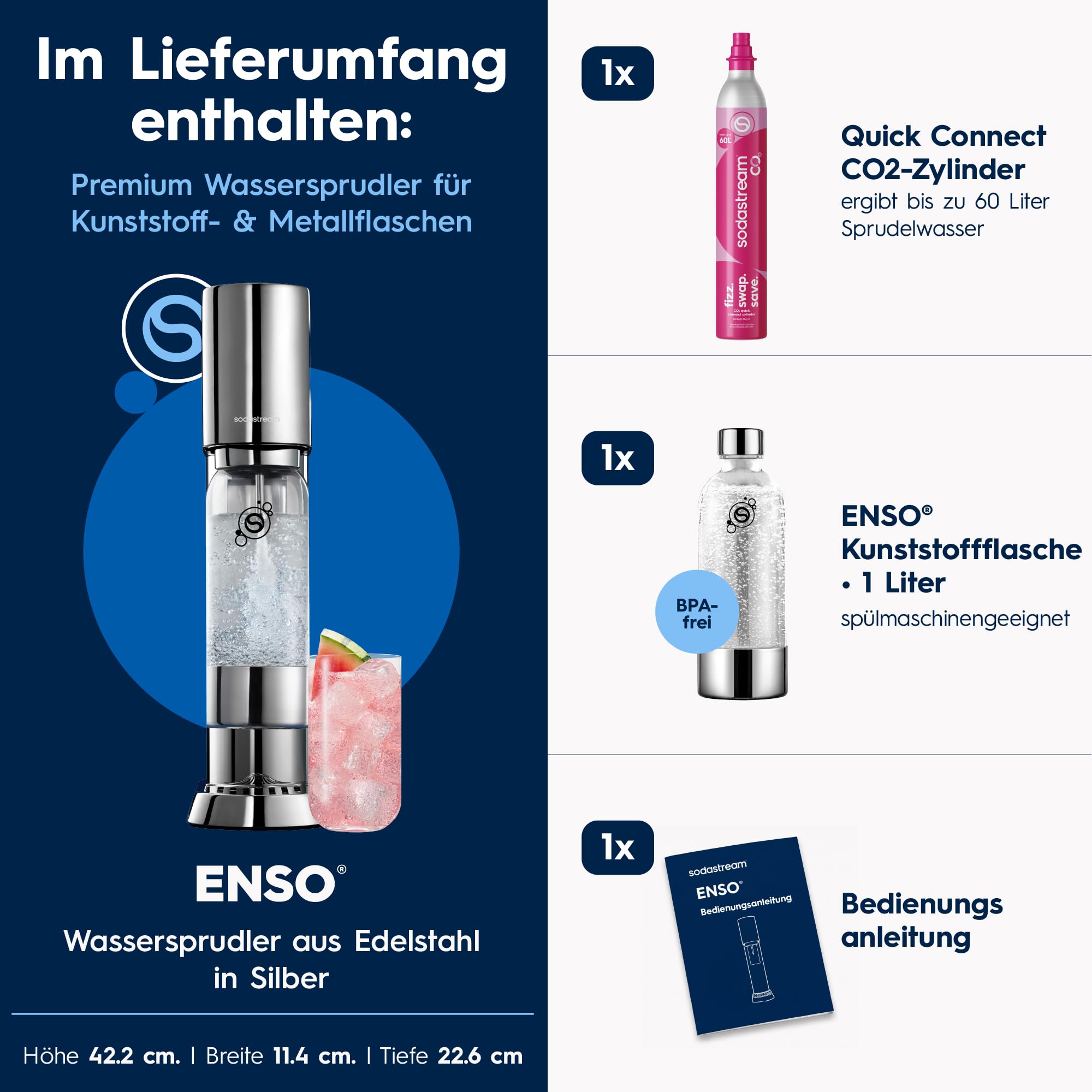 Sodastream ENSO Wassersprudler, Edelstahl Wassersprudler mit Quick Connect CO2-System, inkl. 1 CO2-Zylinder für bis zu 60L Sprudelwasser und 1 ENSO Sprudlerflasche, Sprudelwasser Maschine, Silber 3