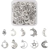Pandahall 100Pcs Antique Silver Moon Star Charm Pendants - Tibetan Style Alloy Crescent Celestial Dangle for Earring Necklace Bracelet Jewelry Making