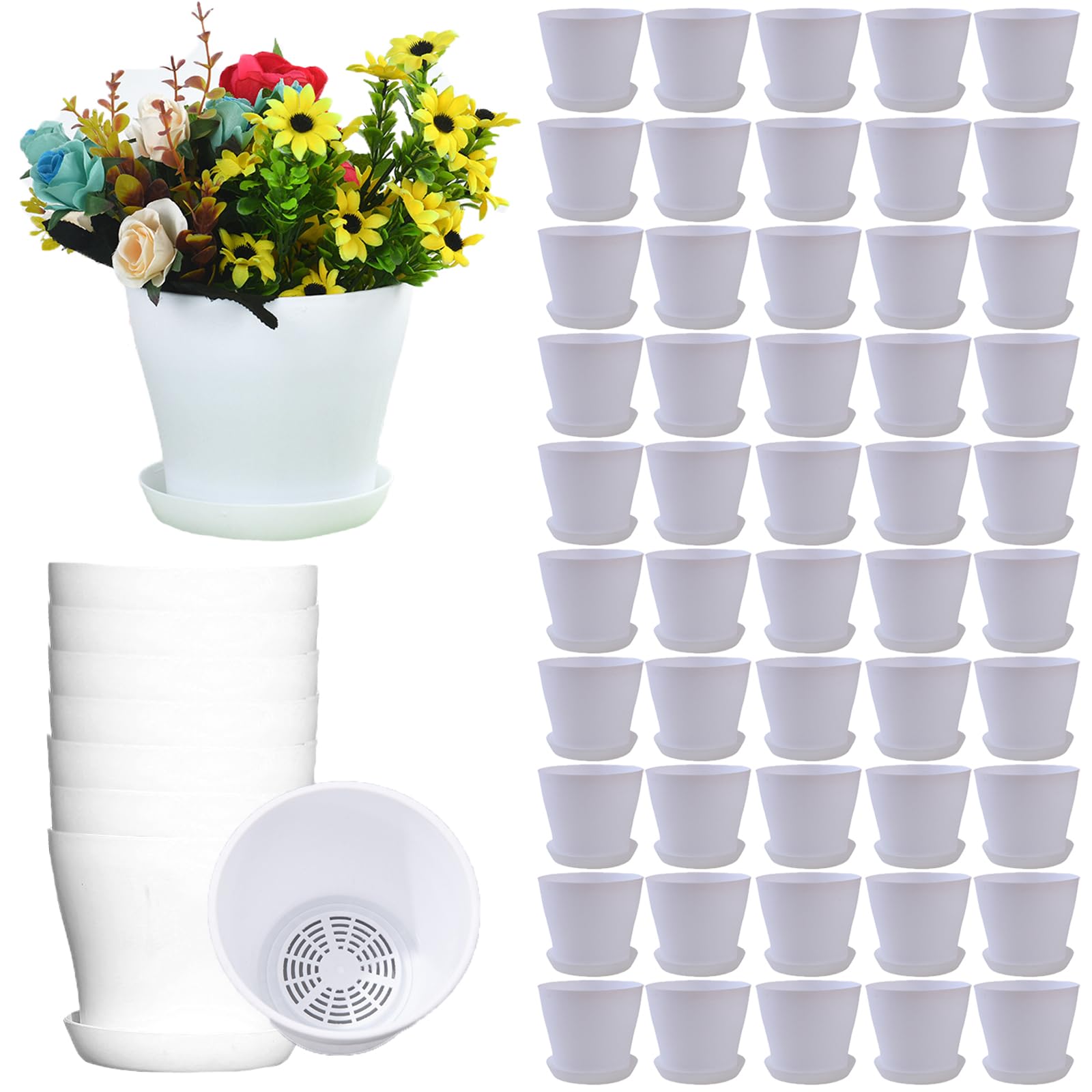 Photo 1 of 50 Pack 4 Inch Plant Pots Bulk Small Plastic Planters Pots with Drainage Holes Flower Pot for Succulent, Cactus, Herb, African Violet (50pcs-White, 4Inches)