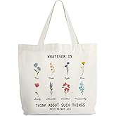 Christian Canvas Tote Bag for Women, Whatever Is Think About Such Things Bible Tote, Bible Verse Religious Gift Bag, Floral Library Book Bag, Inspirational Shoulder Bag Gifts for Women Friends -33
