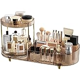 Makeup Organizer Countertop with 360 Rotating Perfume Trays, 7-Divider Vanity Skincare Organizers, Make Up Desk Organization and Storage with Cosmetic Brush Holder for Bedroom Bathroom Counter