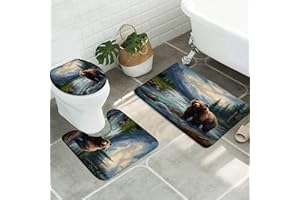 SATRTUD 3pcs Rustic Bear Bathroom Sets with Non-Slip Rug,Toilet Lid Cover and Bath Mat,Hunting Cabin Forest Mountain Woodland Stream River Wildlife Animal Farmhouse Bathroom Carpet Bath Mat Toilet Rugs
