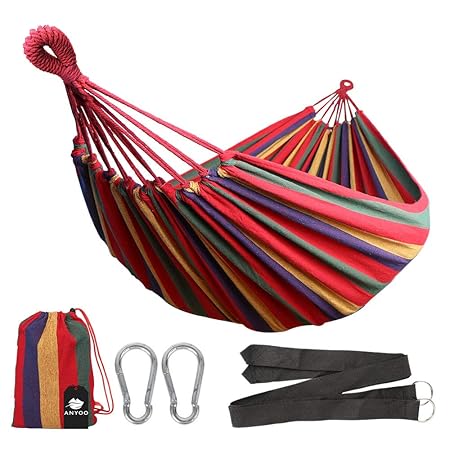 Anyoo Hängematte Outdoor Baumwolle Mehrpersonen 200 x 150 cm,Belastbarkeit bis 200 kg Tragbare mit Tragetasche für Terrasse H
