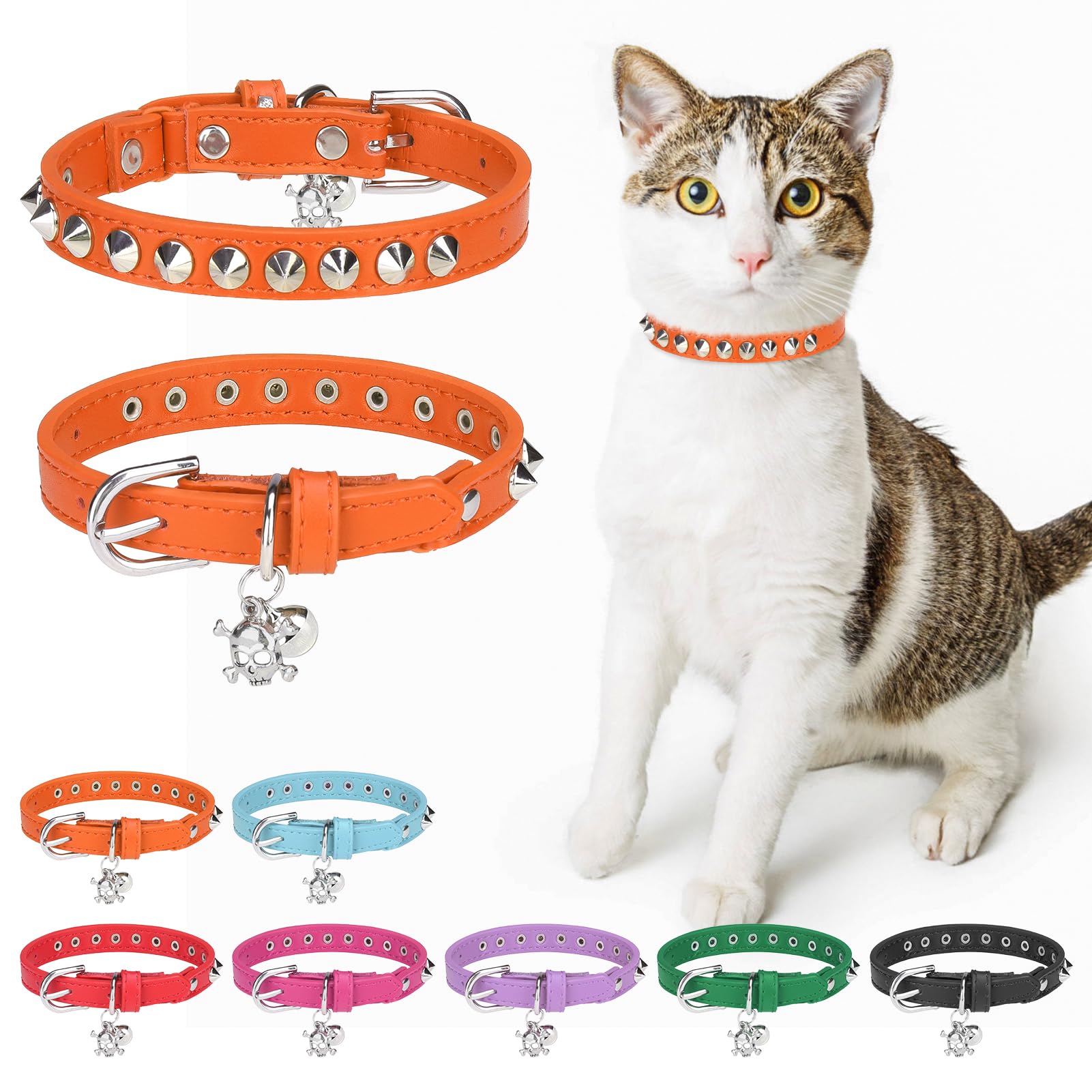 DILLYBUD Leather Cat Collars for Boy Girl Cats with Bell and Safety Elastic Belt, Personalized Rivets Stud Adjustable Safe Buckle Collar with Skull Charm for Kitty Small Pets Size 8-12 Inch, Orange — image 1
