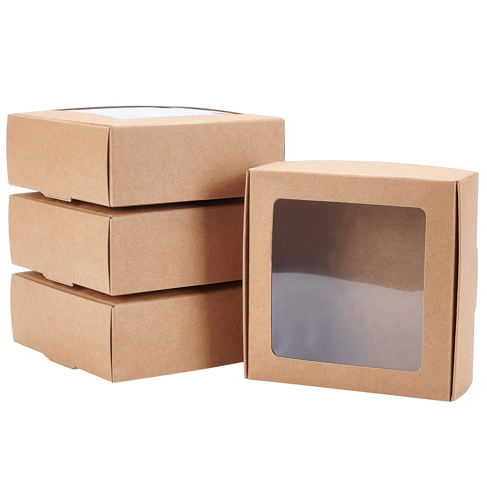 BENECREAT 20 Packs 9.5x9.5x3.5cm Square Brown Kraft Paper Boxes with Clear Windows for Party Favor Treats, Bakery, and Jewelry Packaging