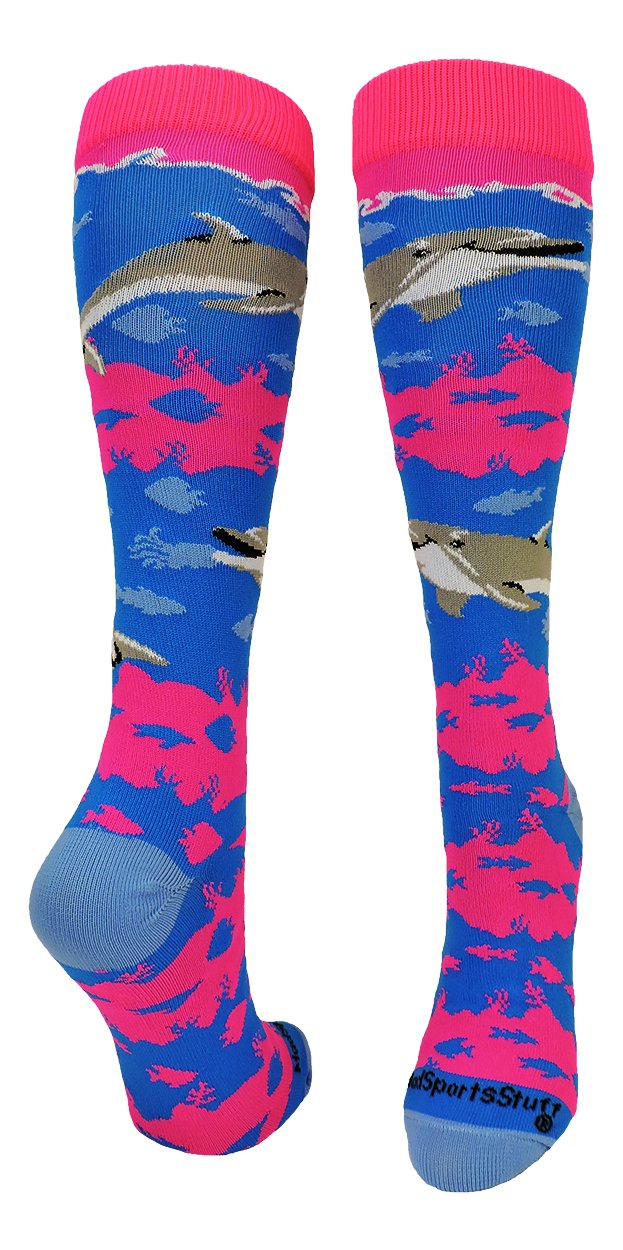 MadSportsStuff Happy Dolphins Calcetines sobre la pantorrilla (azul eléctrico/rosa neón, pequeño)