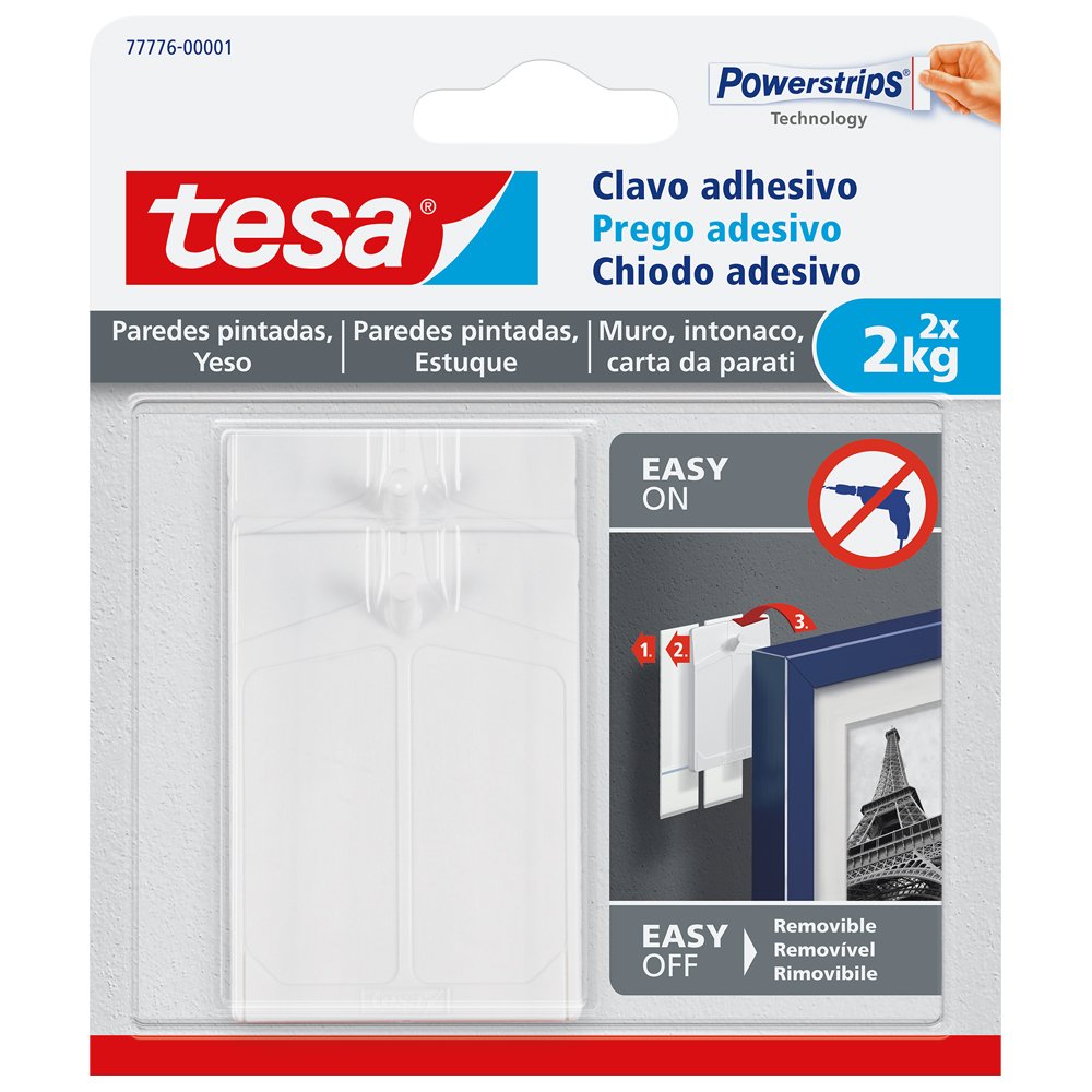 tesa 77776-00001-00 TE77776-00001-00 SMS Clavo Adhesivo Hasta 2Kg para Pared Pintada, Standard, Set of 2 Pieces