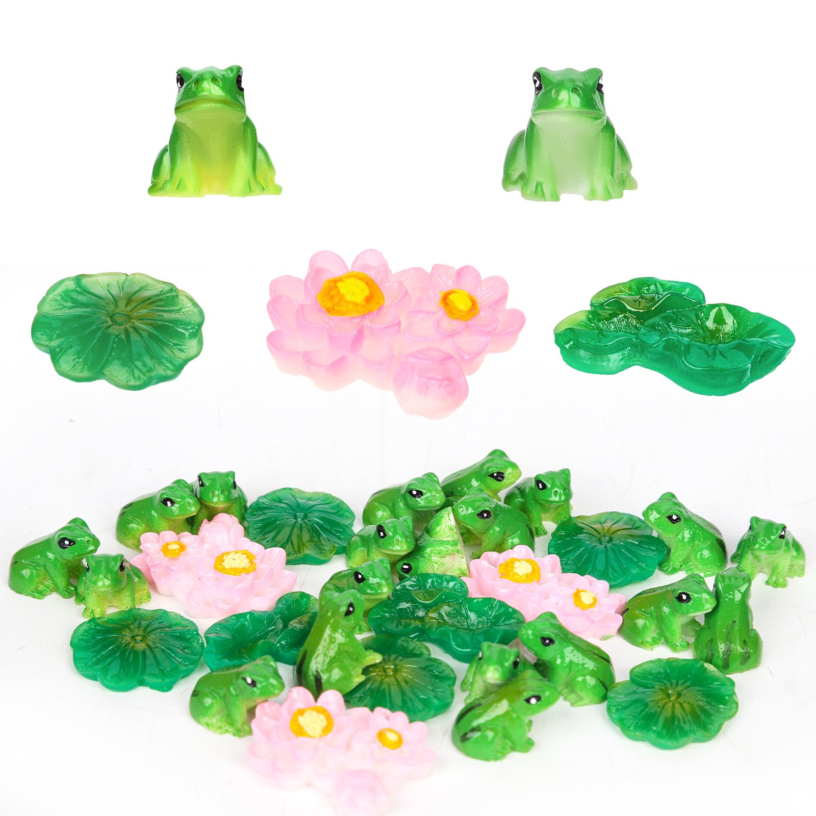 NQEUEPN 20pcs Mini Resin Frogs with 7 Lotus Leaf Miniatures & 3 Miniature Lotus Flowers, Realistic Cute Green Tiny Frog Figurines Small Statues for DIY Crafts Dollhouse Garden Glass Container Decor