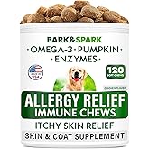BARK&SPARK Dog Allergy Relief Chews - Anti-Itch Skin & Coat Supplement - Omega 3 Fish Oil - Itchy Skin Relief Treatment Pills - Itching&Paw Licking - Dry Skin&Hot Spots - (120 Immune Treats - Chicken)