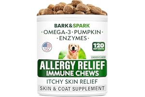 BARK&SPARK Dog Allergy Relief Chews - Anti-Itch Skin & Coat Supplement - Omega 3 Fish Oil - Itchy Skin Relief Treatment Pills - Itching&Paw Licking - Dry Skin&Hot Spots - (120 Immune Treats - Chicken)