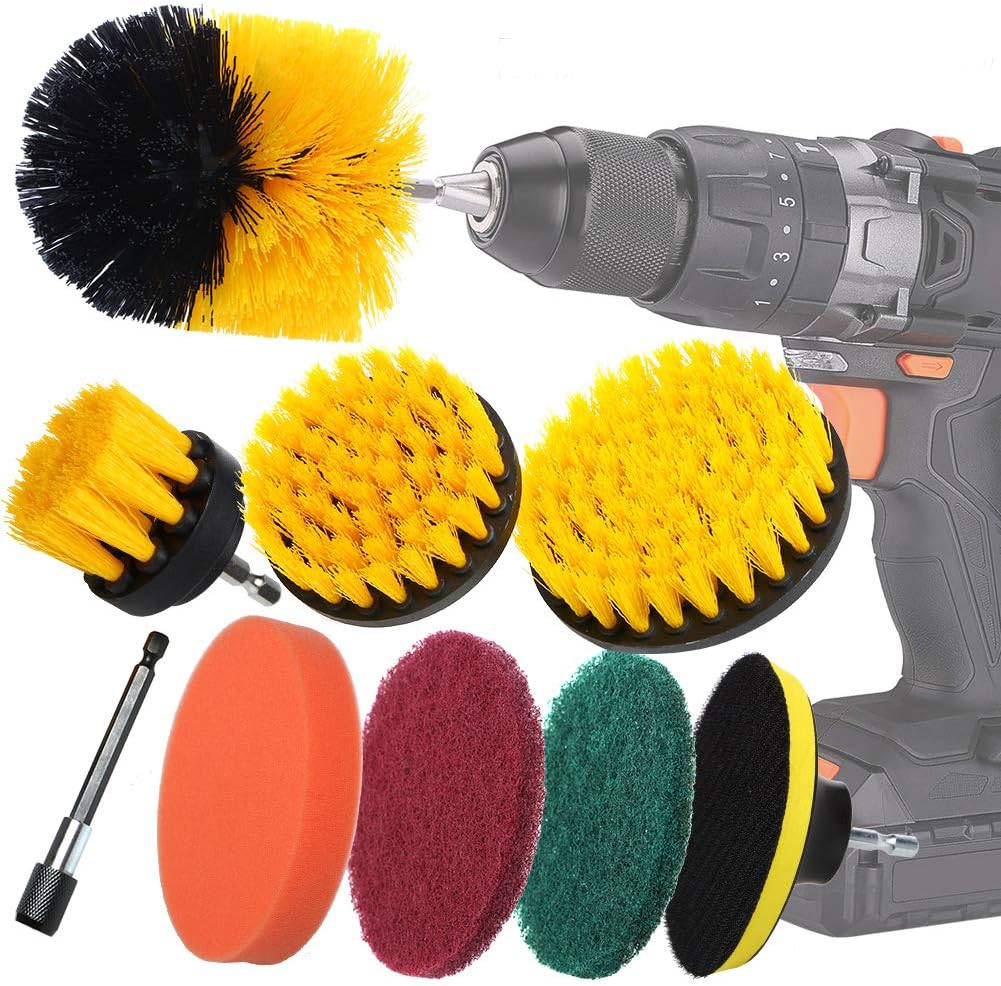 Rain Queen Drill Brush,9Piece Power Scrubber Set Scrub Brush Drill Attachment Kit with Extension - Great for Cleaning Bathroom Cupboard, Floor, Kitchen, Car Cleaning, Glass, Tiles, Tub, Outdoor