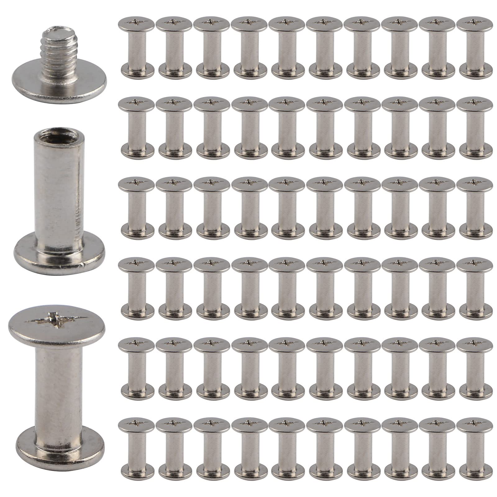 INCREWAY Phillips Screws, 60 Sets 5mm X 12mm Nickel Plated Chicago Binding Screws Round Cross Head Stud Screw Posts Nail Rivet Chicago Button, Silver Tone