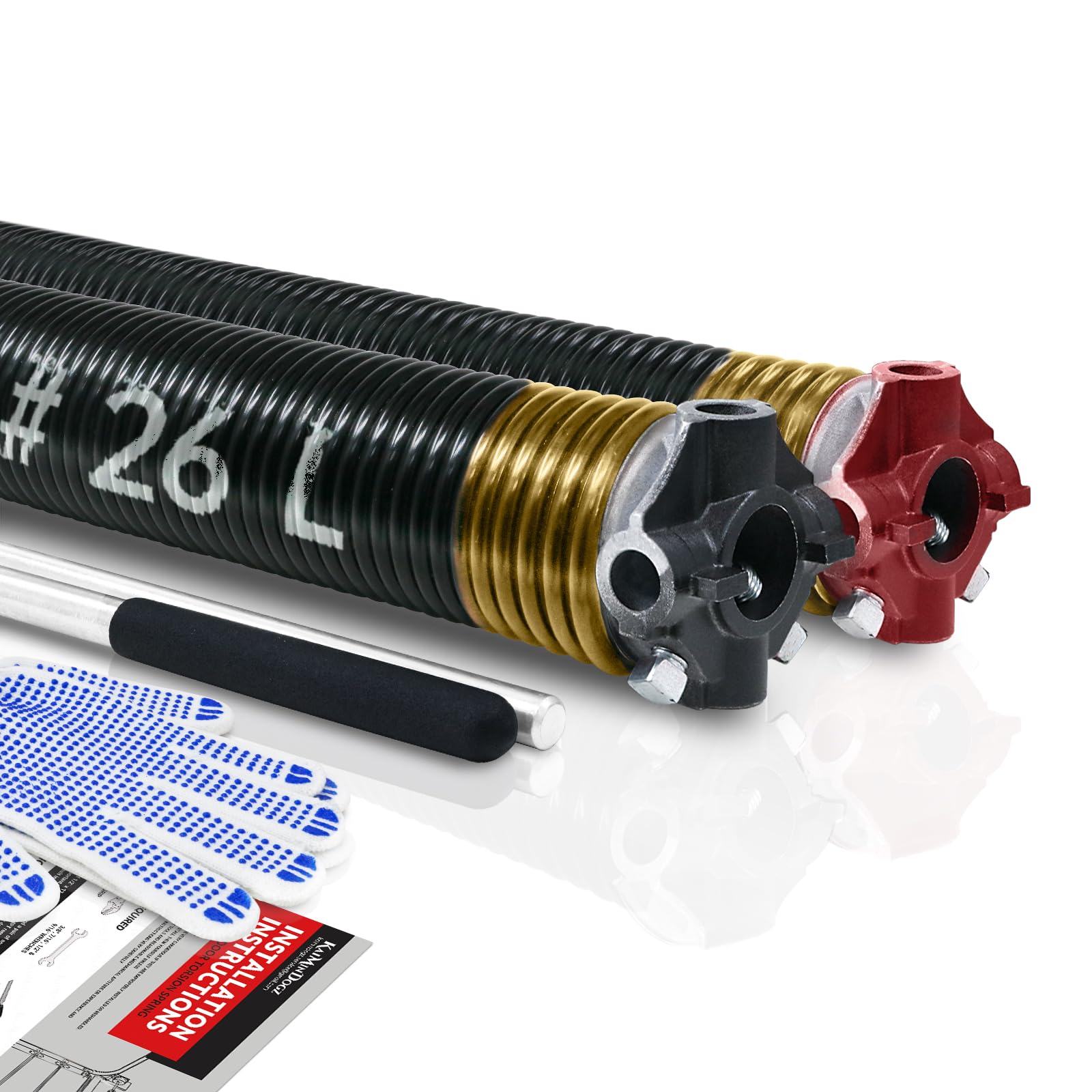 KaiMinDogz Pair of 2" Garage Door Torsion Springs Set with Non-Slip Winding Bar & Gloves,High Precision Electrophoresis Black Coated, for Replacement & Installation, MIN 16,000 Cycles (0.250x2''x26'') Image