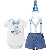 IMEKIS Baby Boys 1st 2nd Birthday Outfit Blue Bowtie Romper Suspenders Hat 3PCS Sets Cake Smash Photo Shoot