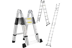 Wolec 14.5FT Telescoping A Frame Ladder with Stabilizer Bar,Portable Multi-Purpose Collapsible Ladder for Roof Ceiling Household Use（Wheels is not Included）