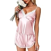 Vrtige Women's Satin Pajama Set 2 Piece Lingerie Sleepwear Lace Cami Split Short Set V Neck Pjs