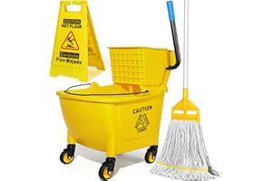 SOBONNE 35 Qt Commercial Mop Bucket with Side Press Wringer on Wheels,Heavy Duty Industrial Mop and Bucket Set for Floor Cleaning,Including 1 Wet Floor Caution Sign for Household,Business,Yellow