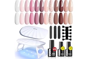 MEFA 19 Pcs Gel Nail Polish Kit with U V Light 12 Colors (6W Mini Portable Lamp)(Includes Base/Top Coat & Manicure Beginners Tools) DIY Salon At Home, For All Seasons, Nude Milky White Soak Off
