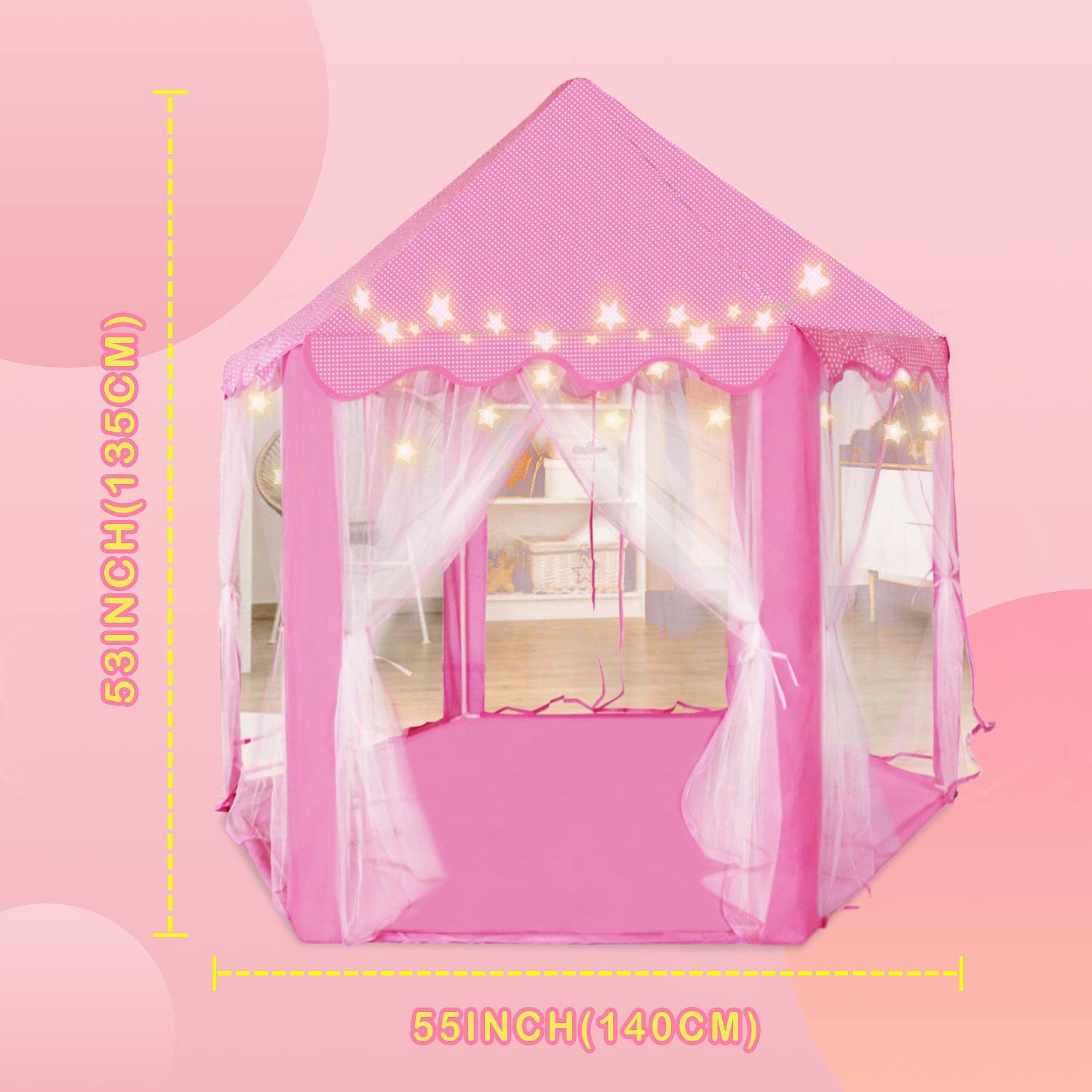 Kid's Play Tent, Ceither Princess Castle Girls Playhouse with Star Lights, 55