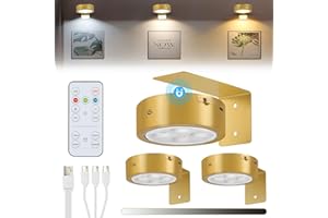 Glighone 3Pcs Rechargeable Picture Lights,Battery Operated Wall Lights for Pictures with Remote Dimmable and Timer, 3 Lighting Modes Wireless Art Display Light for Picture Frame Paintings-Gold