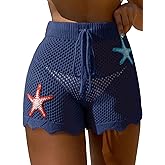 Dokotoo Womens Swim Shorts 2026 Embroidery Color Block Crochet Hollow Out High Waist Drawstring Beach Shorts Beach Cover Up