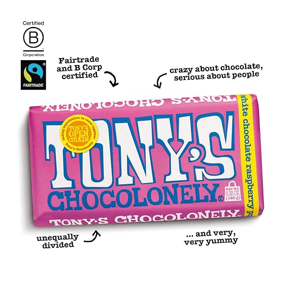 TONY’S CHOCOLONELY BELGIAN WHITE CHOCOLATE RASPBERRY CANDY BAR WITH POPPING CANDY, CHOCOLATE BAR FOR SNACKS, PARTY FAVORS, GIFTS, OR GIFT BASKET, 28% CACAO, MADE FROM QUALITY FAIRTRADE COCOA, 6.35 OZ