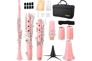 VANPHY Bb Clarinet For Beginners Students B Flat Clarinet 17 Keys Clarinet with Case Stand Strap 2 Barrels 8 Mouthpiece Cushion White Gloves Cleaning Kit(Pink)