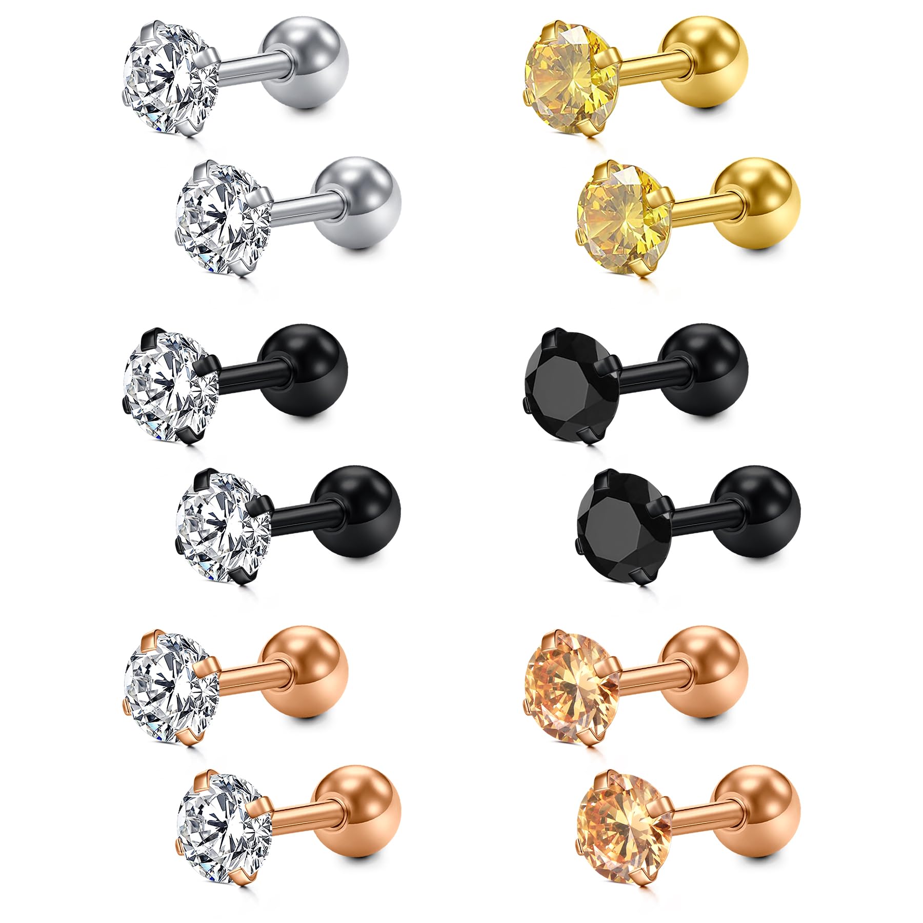 AceFun 6 Pairs 16G（1.2mm Stainless Steel Cubic Zirconia Cartilage Tragus Helix Barbell Stud Earrings Piercing Jewelry - 5mm — image 1