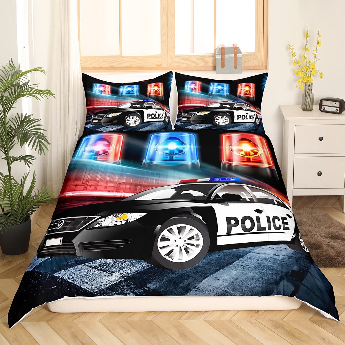 Loussiesd Kids Police Car Bedding Set Toddler Boys Policeman Duvet Cover Black The Polica Vehicle Bedding Double Car Car Decor Beds Set Of 2 Pillowcases For Adult Girls