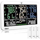 OBET Weather Station Wireless Indoor Outdoor Thermometer with 3 Sensors, Temperature Humidity Monitor with Alerts 500ft Range and 3 Adjustable Brightness White