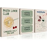 Vintage Trendy Green Canvas Wall Art Set of 3 - Good Times Ticket Posters Prints Funny Pasta Lover Club Decor Picture Trendy Music Wine Painting Home Decor for Living Room Dining Room 16×24 In Framed