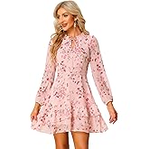 Allegra K Women's Fall Dresses 2025 Tie V Neck Semi Sheer Long Sleeve Layered Tiered Chiffon Mini Floral Dress