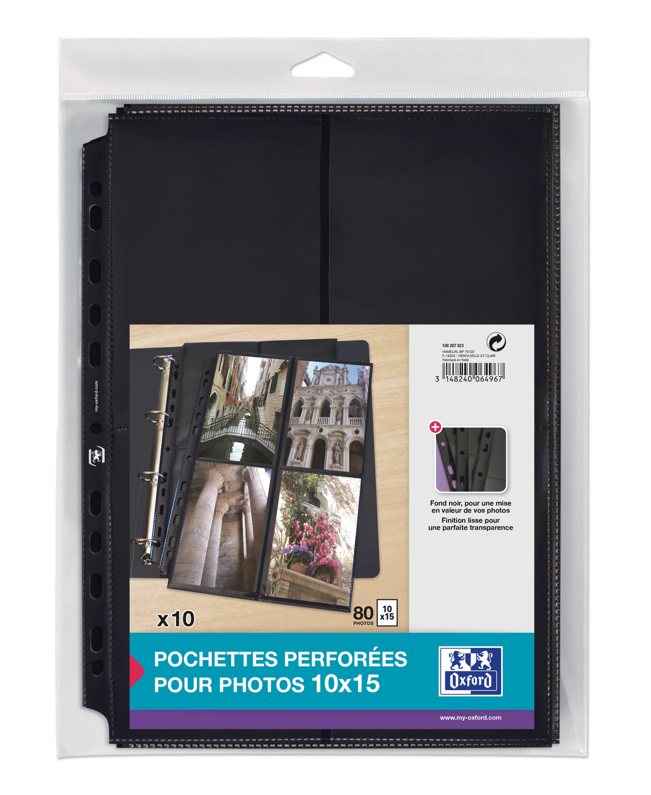 Elba Pack of 10 A4 Polypropylene Special Punched Pockets for Photos - Holds 80 Photos 8 Photos par pochette Black — image 1