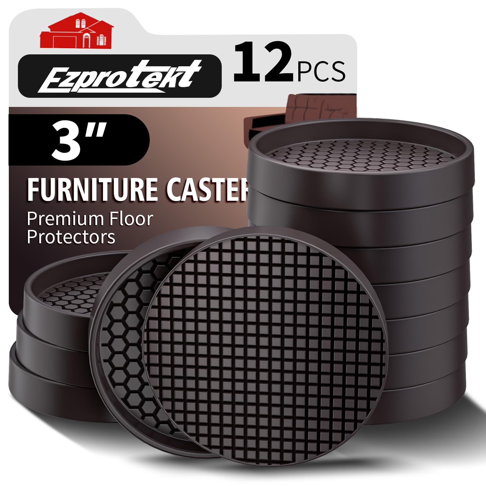 Ezprotekt 3" Non Slip Furniture Pads for Hardwood Floors, 12 PCS Square Rubber Non Skid Furniture Caster Cups, Anti Slide Floor Protectors for Bed, Couch