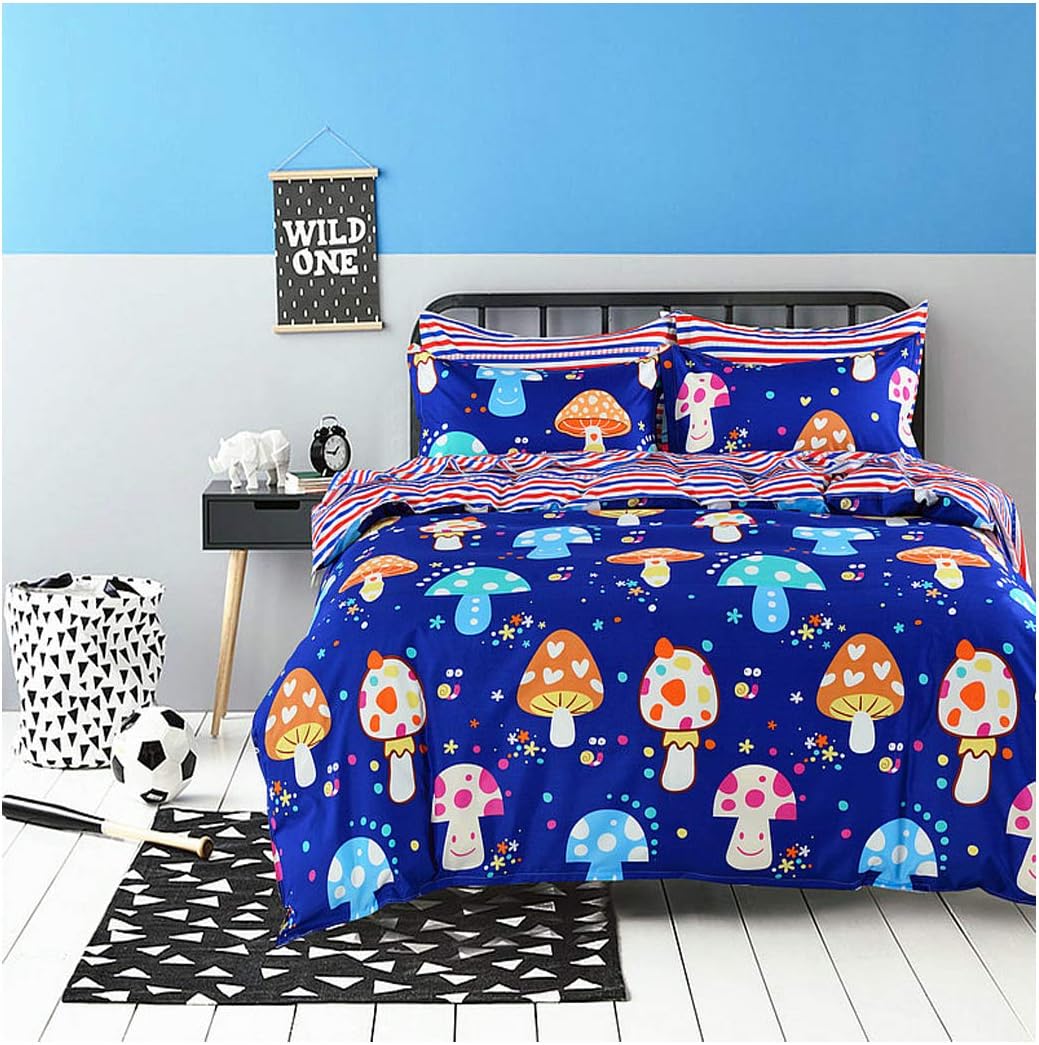 KFZ Bed Set (Twin Full Queen Sheets Set) [Duvet Cover,Flat Sheet,Pillow Cases] No Comforter MF Bear Cat Rabbit Cloud Mushroom Design for Kids Teens Beddingset (Color Mushroom, Blue, Queen 78"x91")