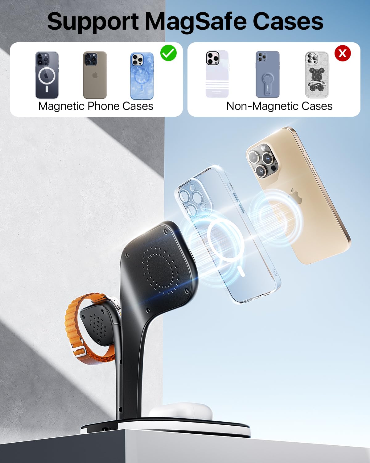 EXW Wireless Charging Station for Magsafe Charger,Charging Station for Multiple Devices,Wireless Charger for iPhone 17 Air 16 15 14 13 12 Series,Apple Watch Series 1-10,AirPods with LED and Adapter