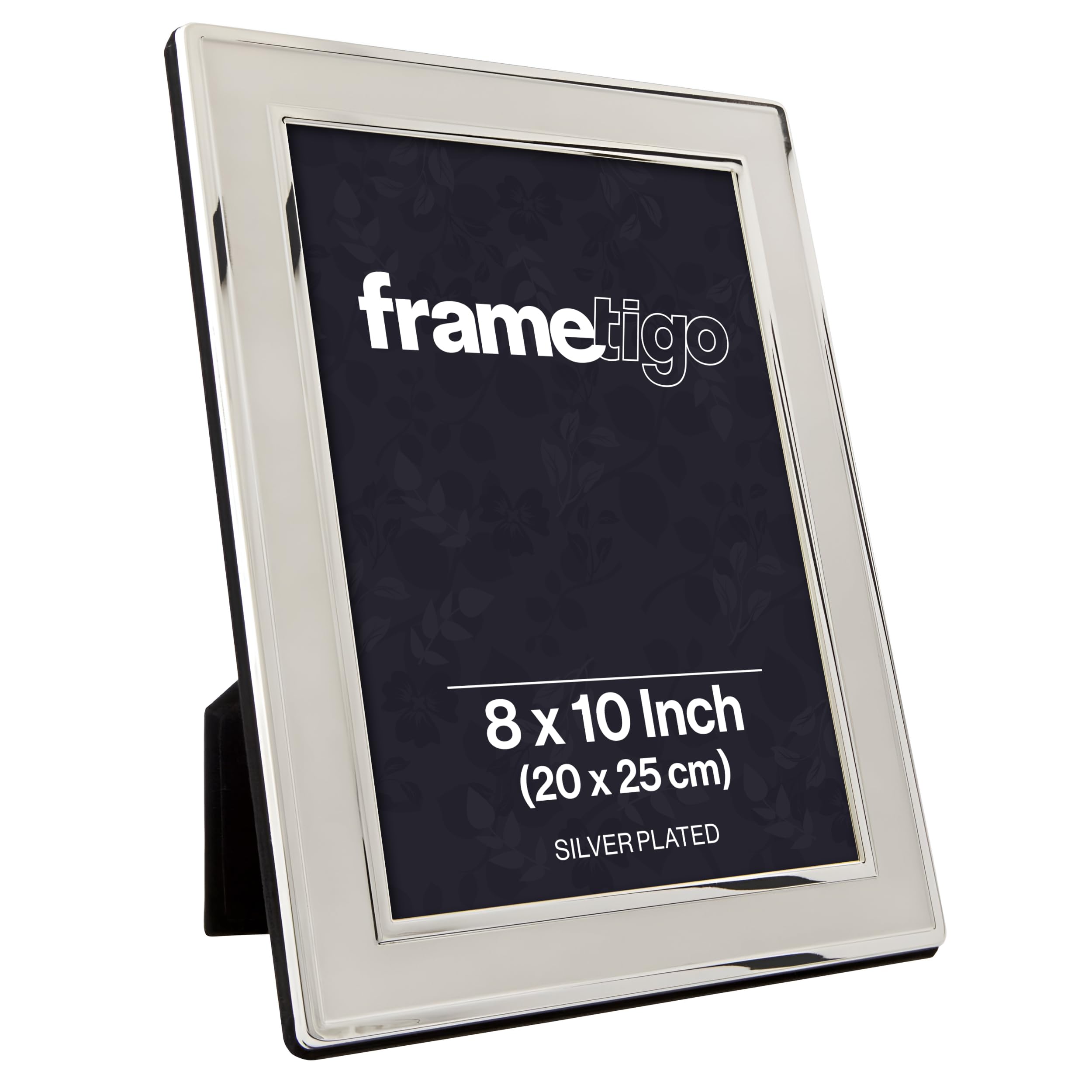 Frametigo - Silver Plated Plain Satin Photo Frame, 8"x10" (20x25cm) Photo Size - Velvet Frame Backing & Stand - Real Glass Window - Tarnish-Resistant - Landscape or Portrait Orientation