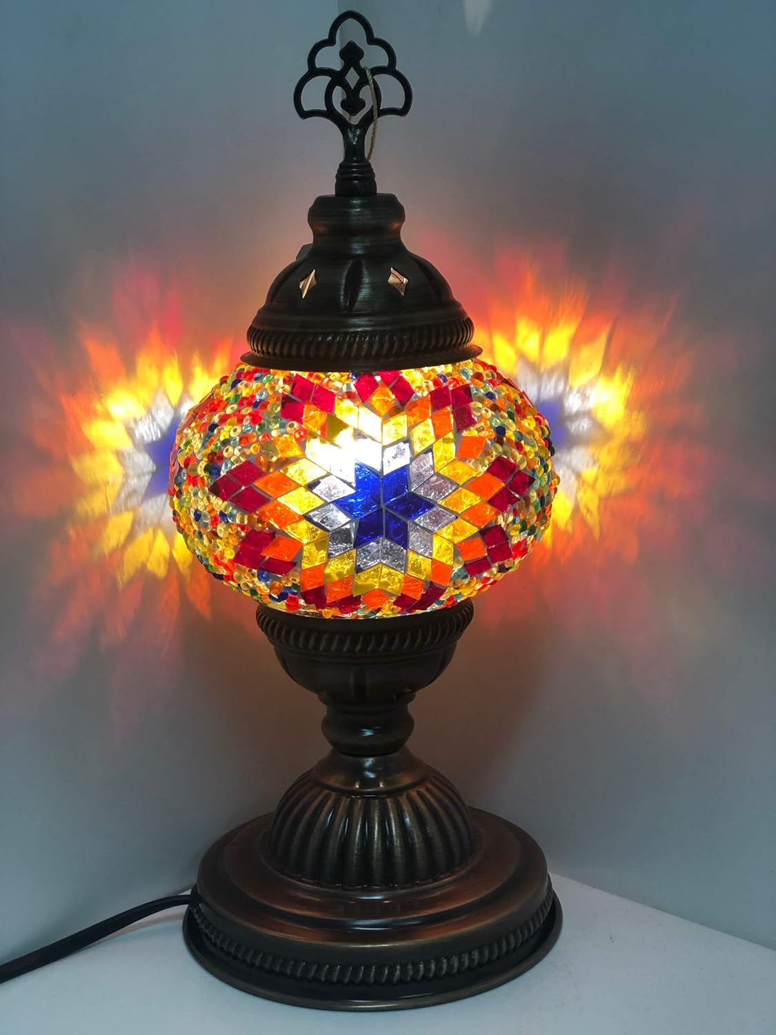 Turkish Colorful Handcrafted Mosaic Lamps by TCO - Desk and Table Lamps for Office, Guest and Living Room - Nickel- Plated Brass Base - 5” Globe Width, 12” Lamp Height (Rainbow Flower)