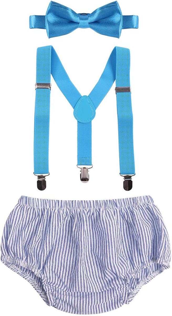 FYMNSI Baby Boy 1st 2nd Birthday Cake Smash Outfit Bow Tie Y-Back Suspenders Bloomer Diaper Cover Shorts Pants 3pcs Clothes Set Photography Costume Blue Striped
